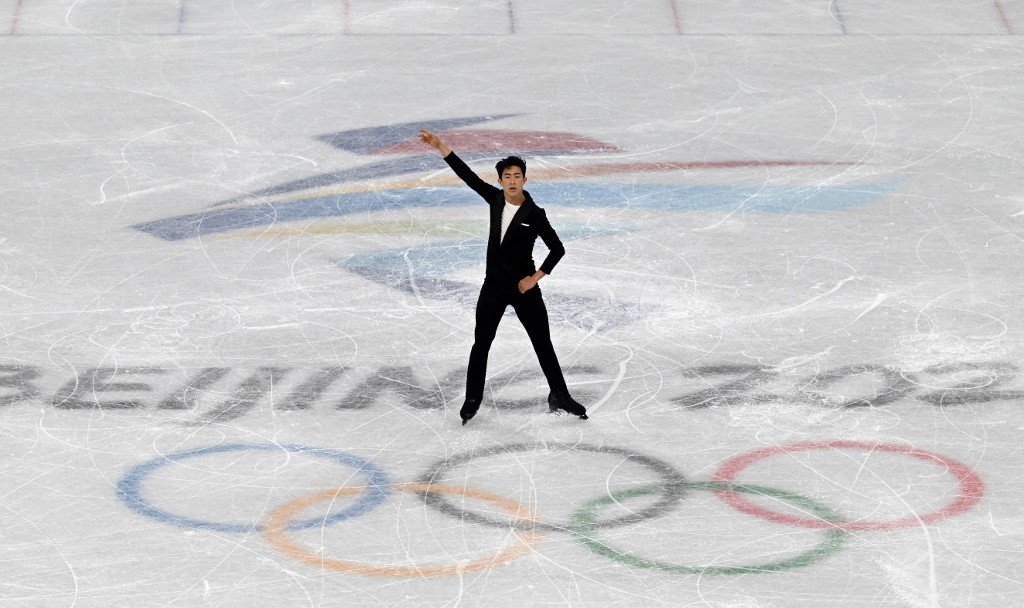USA's Nathan Chen competes in the men's single skating short program of the figure skating team event during the Beijing 2022 Winter Olympic Games at the Capital Indoor Stadium in Beijing on February 4, 2022.