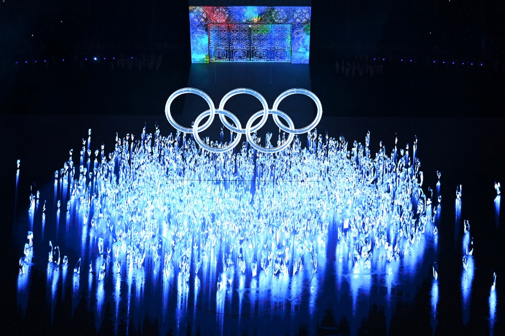 An overview of the Olympic Rings during the opening ceremony of the Beijing 2022 Winter Olympic Games, at the National Stadium, known as the Bird's Nest, in Beijing, on February 4, 2022. 