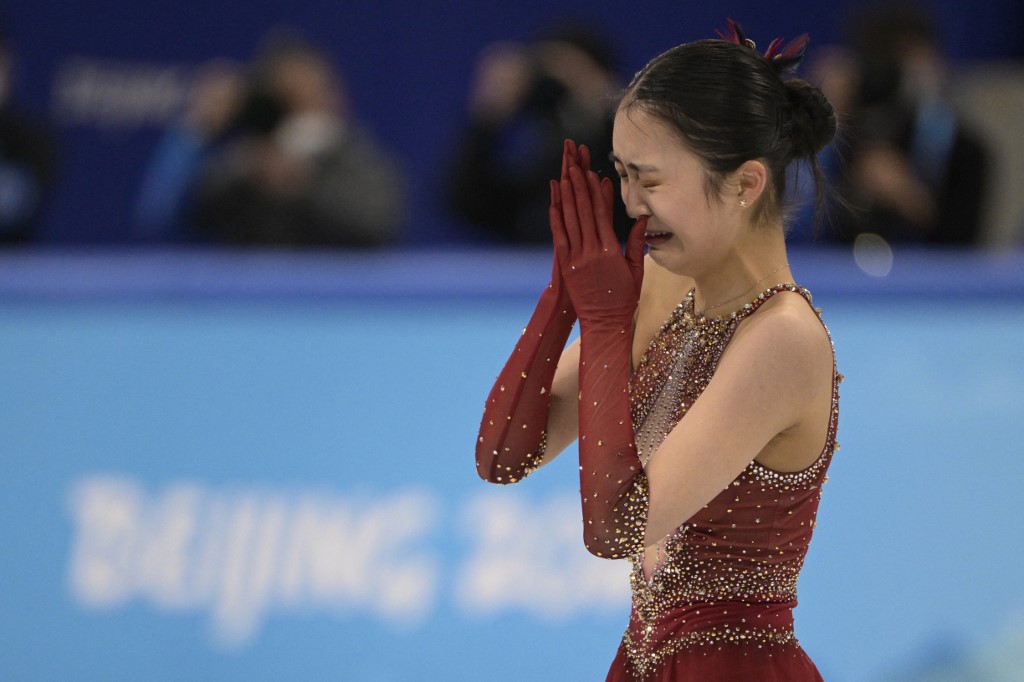  reacts crying after competing in the women's single skating free skating of the figure skating team event during the Beijing 2022 Winter Olympic Games at the Capital Indoor Stadium in Beijing on February 7, 2022.