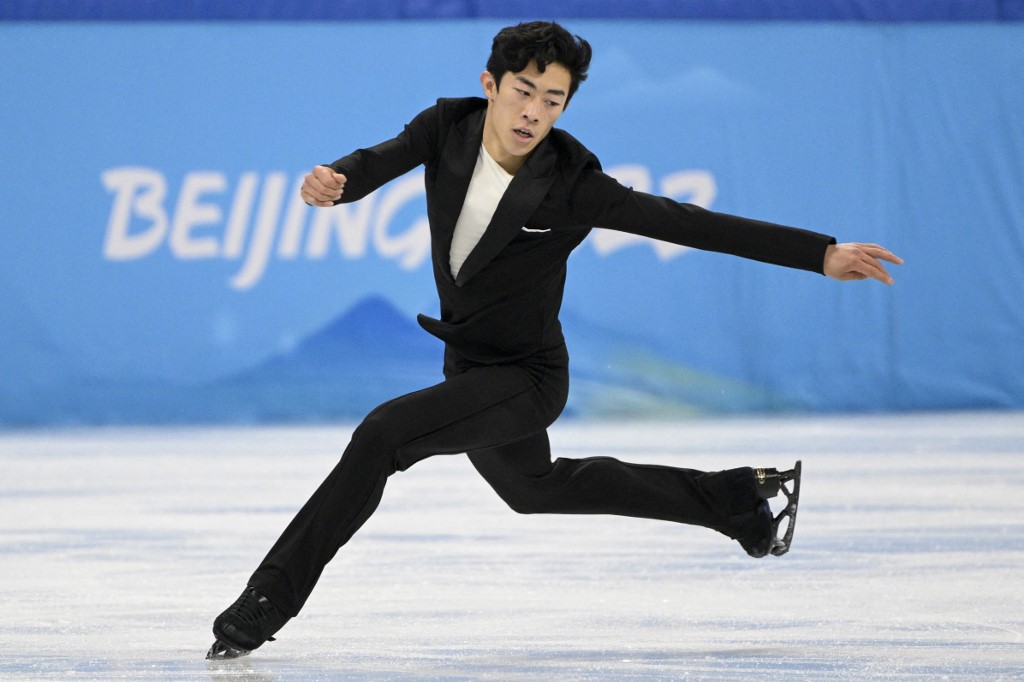 USA's Nathan Chen competes in the men's single skating short program of the figure skating event during the Beijing 2022 Winter Olympic Games at the Capital Indoor Stadium in Beijing on February 8, 2022. 