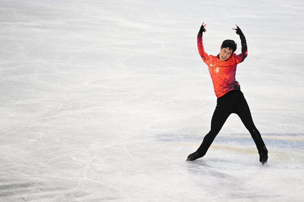 USA's Nathan Chen competes in the men's single skating free skating of the figure skating event during the Beijing 2022 Winter Olympic Games at the Capital Indoor Stadium in Beijing on February 10, 2022. (