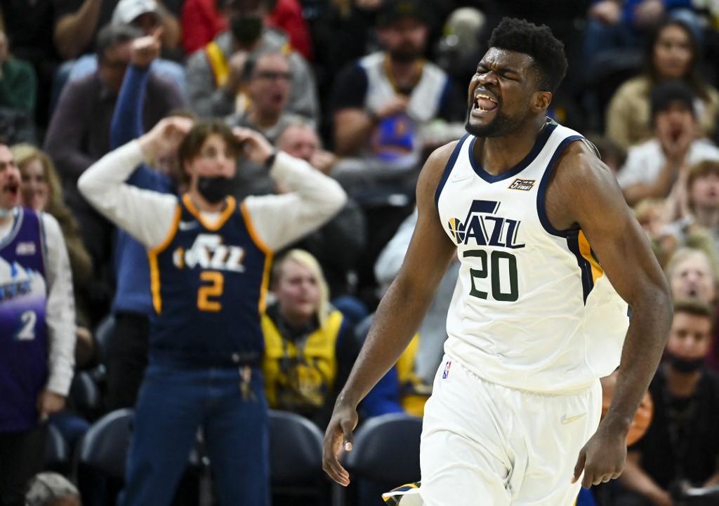  Udoka Azubuike #20 of the Utah Jazz celebrates a basket during the second half against the Golden State Warriors at Vivint Smart Home Arena on February 09, 2022 in Salt Lake City, Utah. 