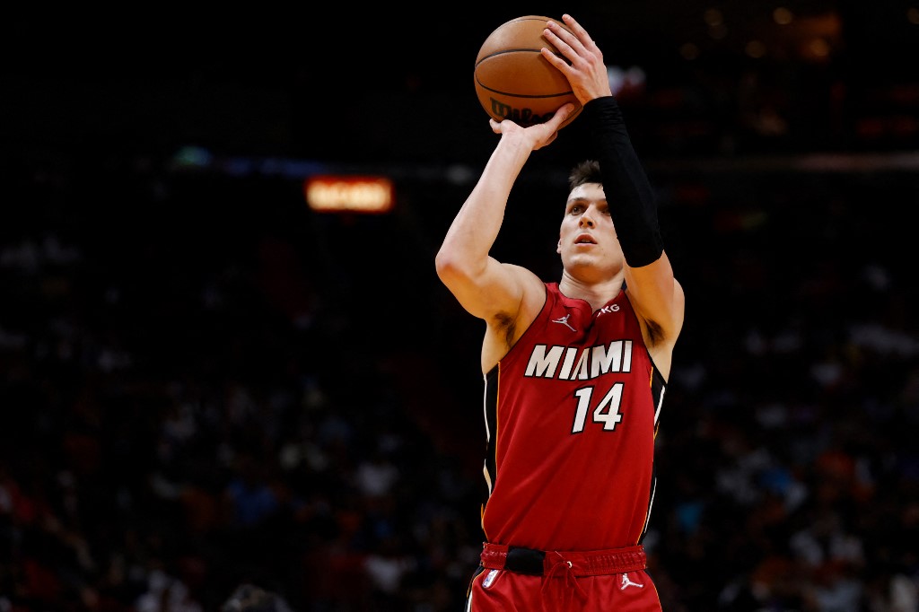 Tyler Herro #14 of the Miami Heat shoots a free-throw against the New York Knicks at FTX Arena on January 26, 2022 in Miami, Florida. 