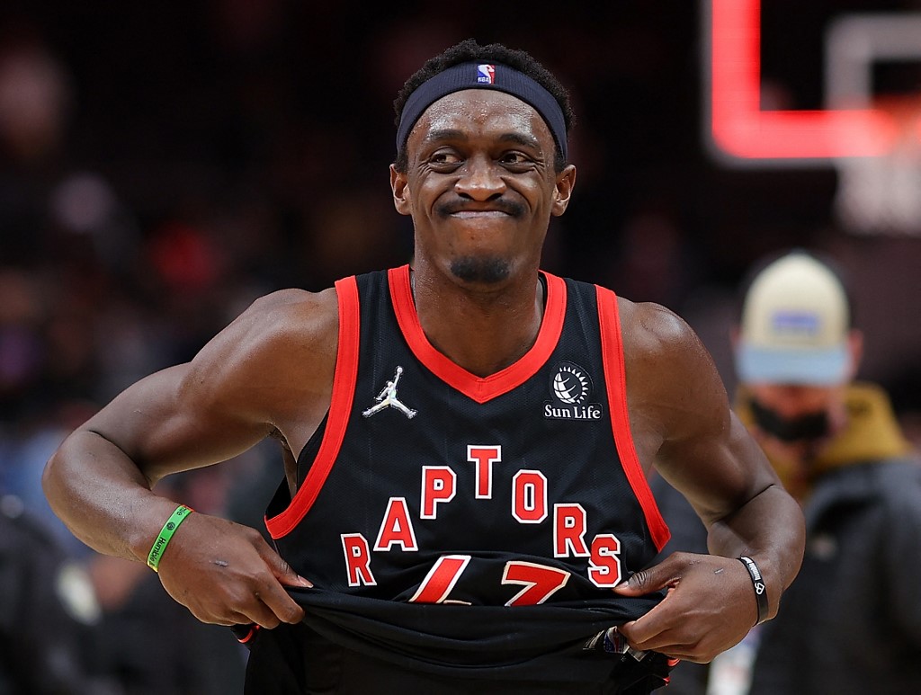 FIILE–Pascal Siakam #43 of the Toronto Raptors reacts after their 106-100 win over the Atlanta Hawks at State Farm Arena on January 31, 2022 in Atlanta, Georgia