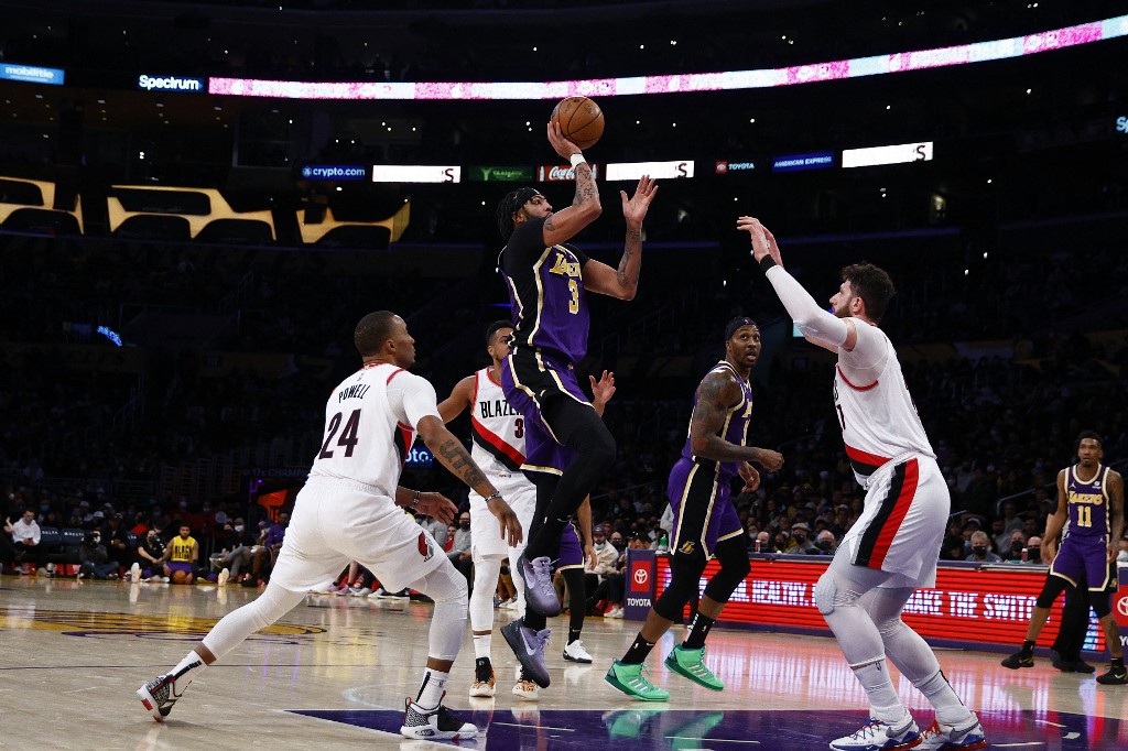 Anthony Davis #3 of the Los Angeles Lakers takes a shot against the Portland Trail Blazers in the third quarter at Crypto.com Arena on February 02, 2022 in Los Angeles, California. 