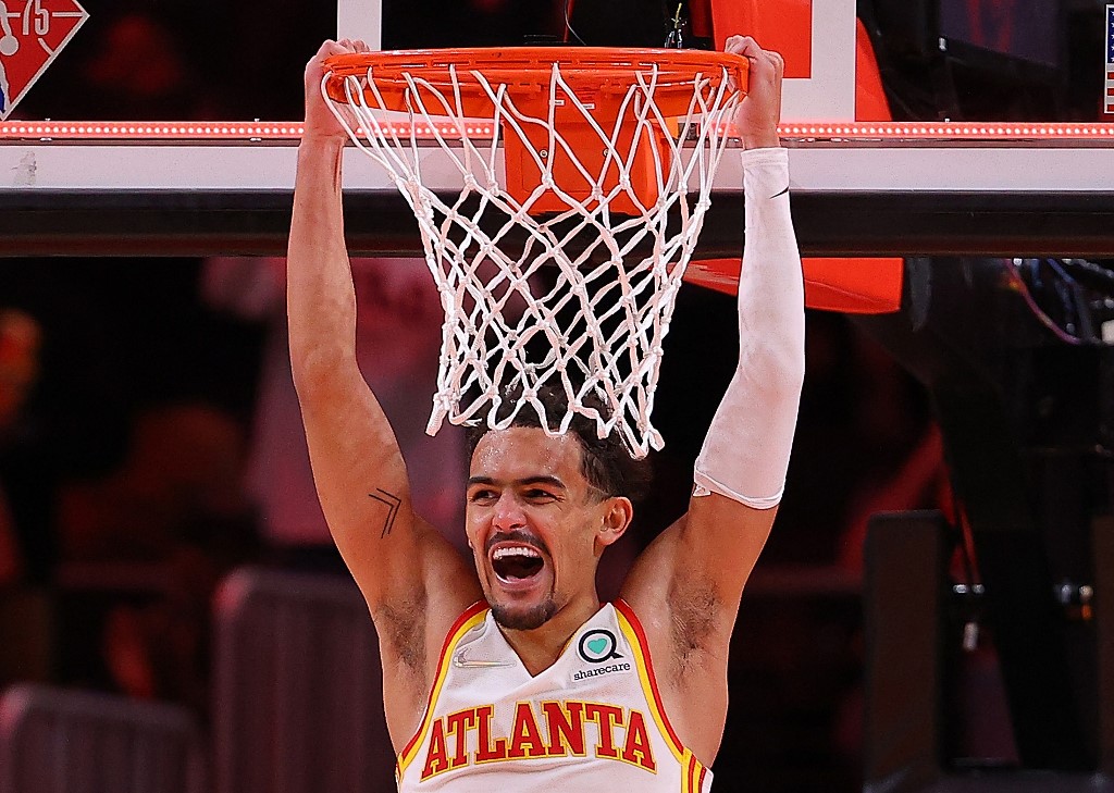 Trae Young #11 of the Atlanta Hawks reacts after their 124-115 win over the Phoenix Suns at State Farm Arena on February 03, 2022 in Atlanta, Georgia.