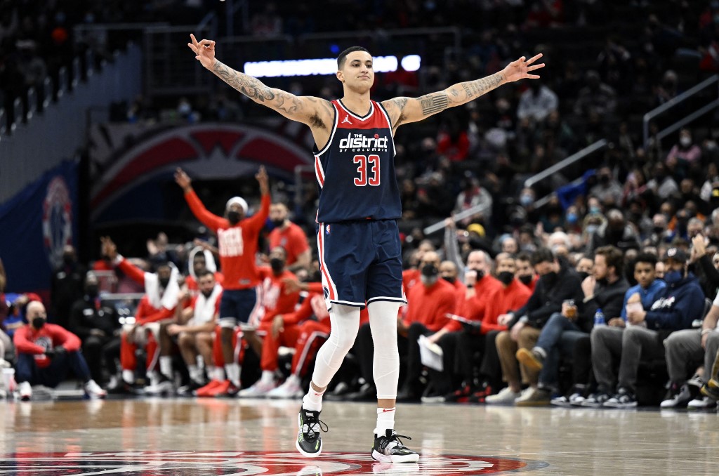  Kyle Kuzma #33 of the Washington Wizards celebrates during the third quarter against the Brooklyn Nets at Capital One Arena on February 10, 2022 in Washington, DC. 