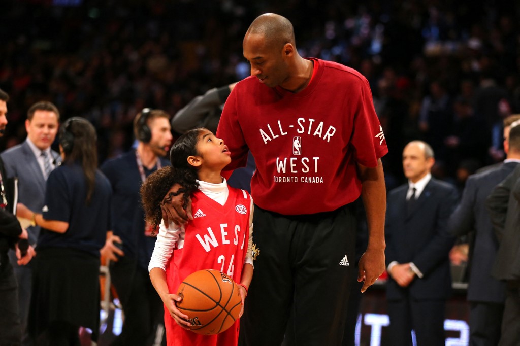 FILE–Kobe Bryant #24 of the Los Angeles Lakers and the Western Conference warms up with daughter Gianna Bryant during the NBA All-Star Game 2016 at the Air Canada Centre on February 14, 2016 in Toronto, Ontario.