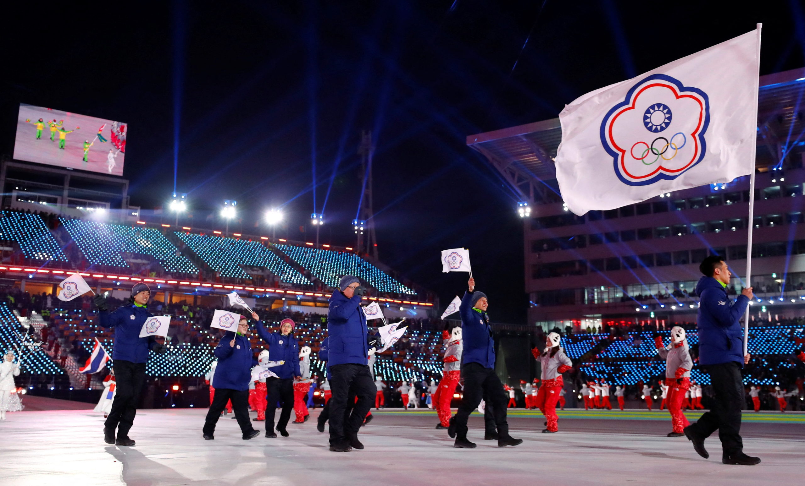 – February 9, 2018 -  Te-An Lien of Taiwan carries the national flag during the opening ceremony. 