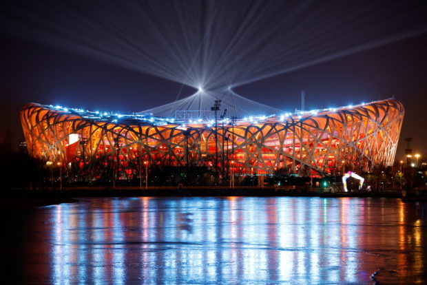 A light show is pictured at the National Stadium, also known as the Bird's Nest, ahead of the Beijing 2022 Winter Olympics, in Beijing, China February 2, 2022.
