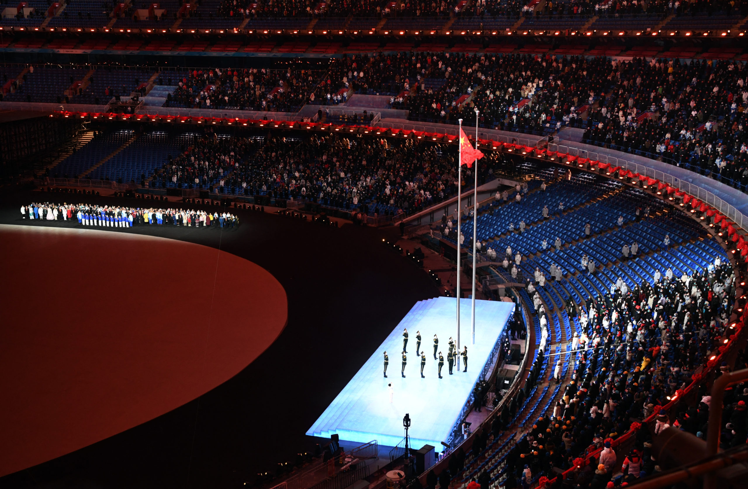 2022 Beijing Olympics - Opening Ceremony - National Stadium, Beijing, China - February 4, 2022. The China national flag is raised during the opening ceremony. 