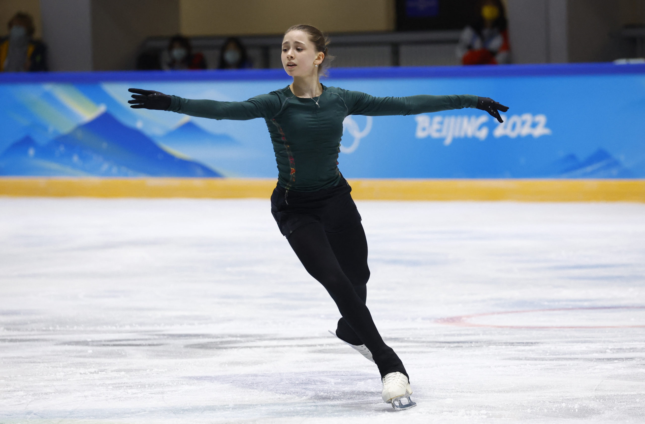2022 Beijing Olympics - Figure Skating - Training - Rink Capital Indoor Stadium, Beijing, China - February 14, 2022. Kamila Valieva of the Russian Olympic Committee during training. 