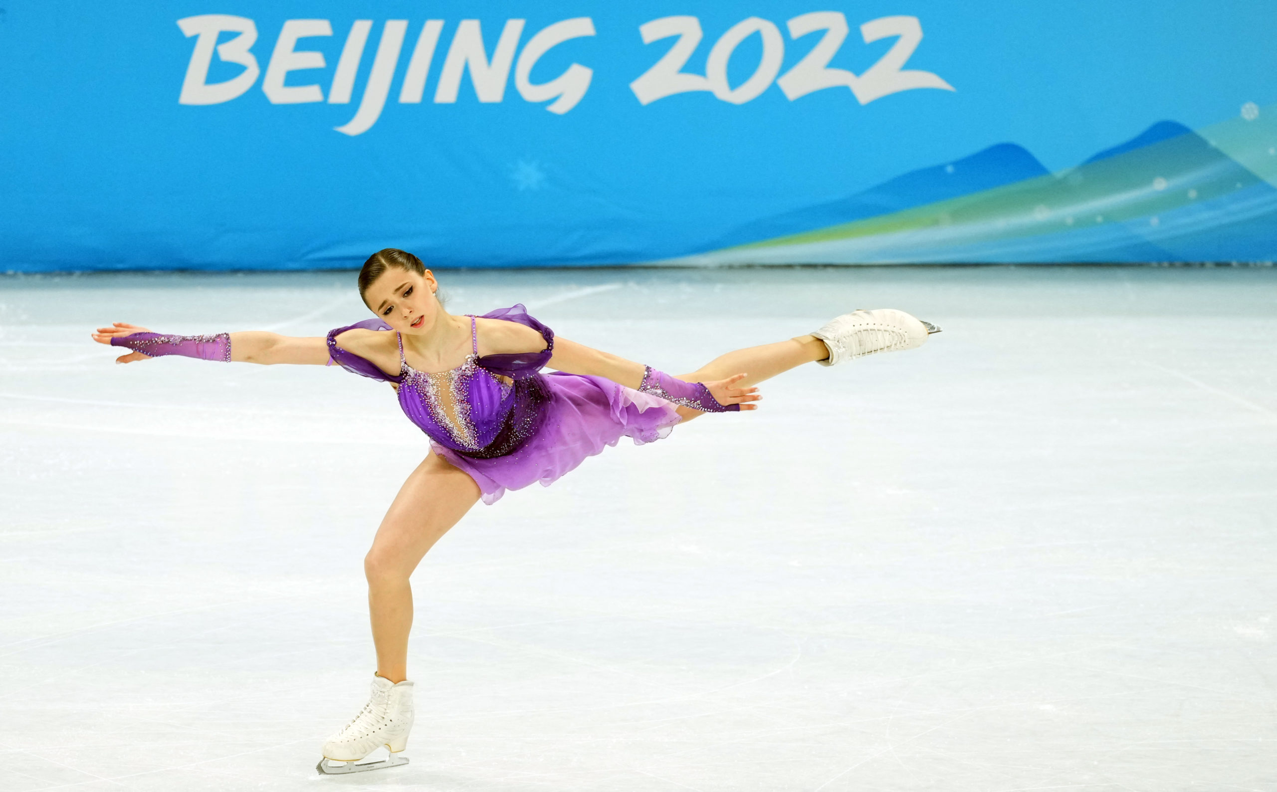 2022 Beijing Olympics - Figure Skating - Women Single Skating - Short Program - Capital Indoor Stadium, Beijing, China - February 15, 2022. Kamila Valieva of the Russian Olympic Committee in action. 