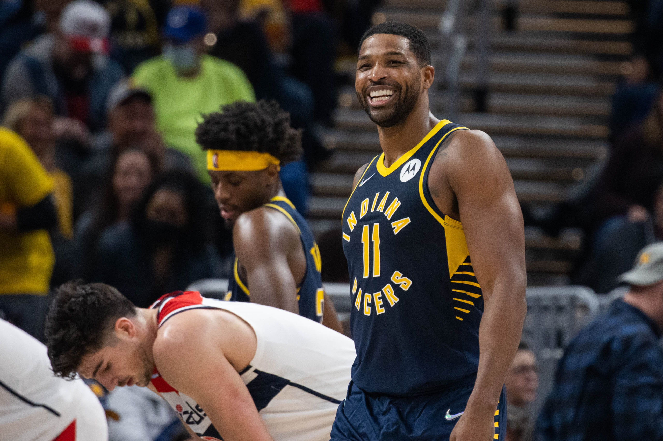 Feb 16, 2022; Indianapolis, Indiana, USA; Indiana Pacers center Tristan Thompson (11) celebrates a made basket in the first half against the Washington Wizards at Gainbridge Fieldhouse. 
