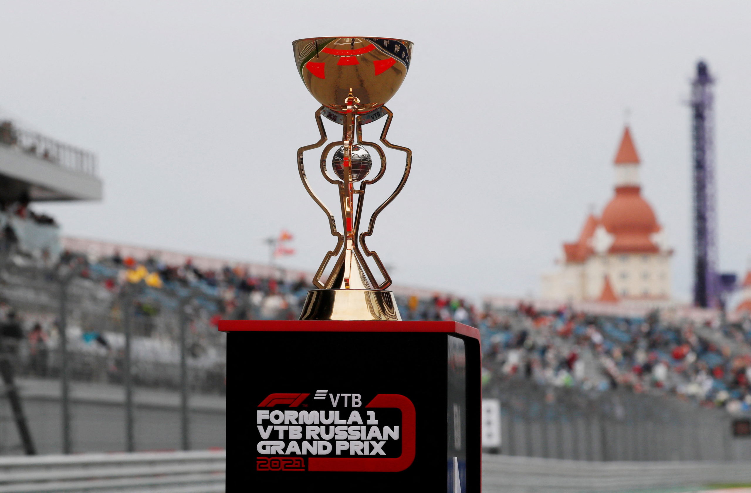 a One F1 - Russian Grand Prix - Sochi Autodrom, Sochi, Russia - September 26, 2021 General view as the winners trophy is displayed before the race