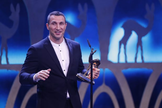 Former Boxing World champion Wladimir Klitschko receives the Bambi trophy from Joachim Loew during the Bambi 2017 Awards ceremony in Berlin, Germany November 16, 2017. REUTERS/Axel Schmidt