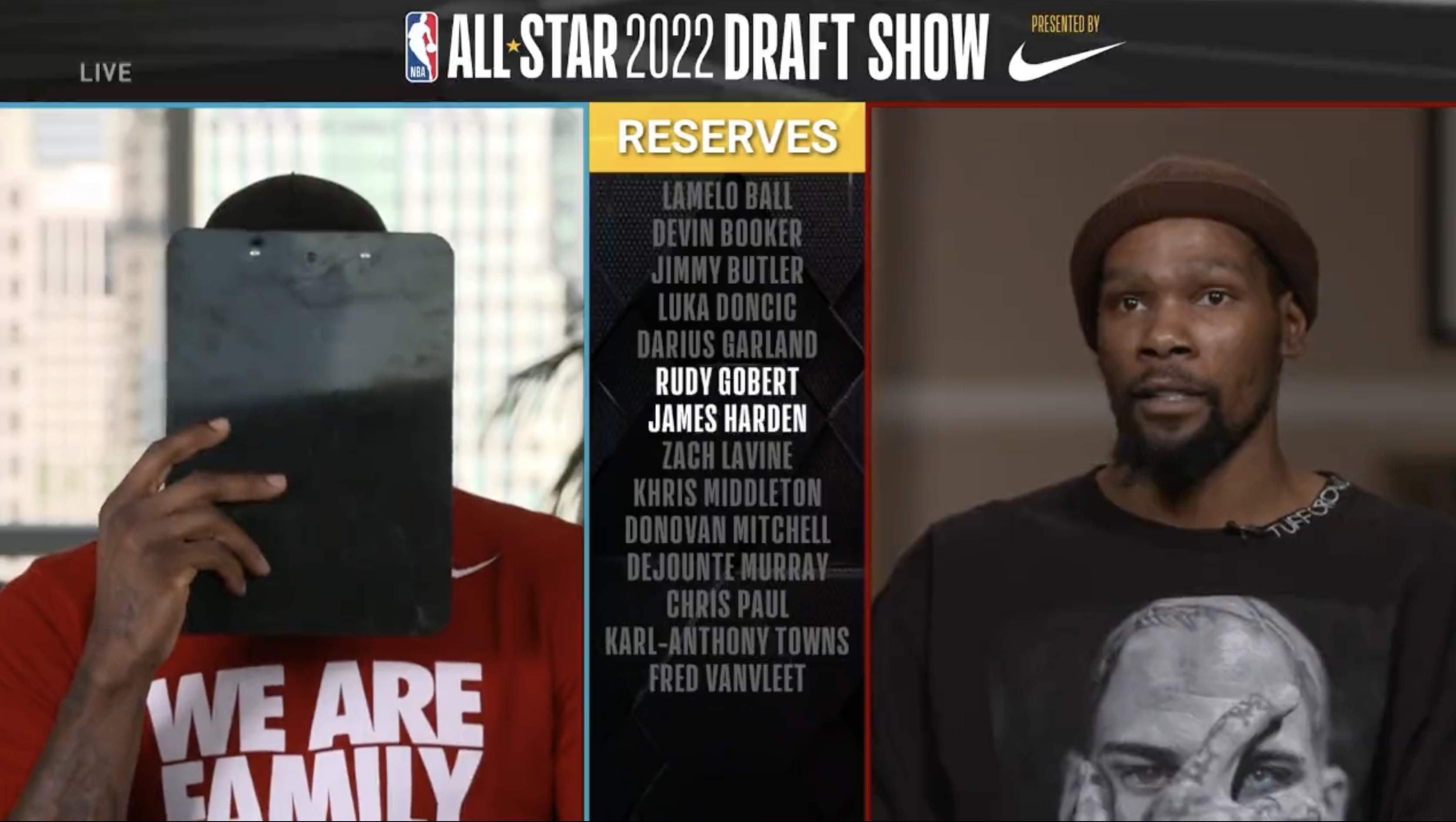 Kevin Durant making his draft pick for the NBA All-Star teams along with fellow team captain LeBron James.