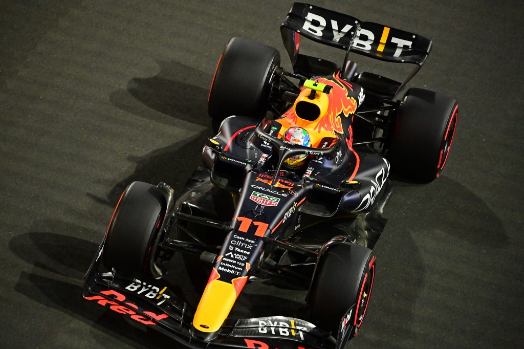 Red Bull's Mexican driver Sergio Perez drives during the qualifying session on the eve of the 2022 Saudi Arabia Formula One Grand Prix at the Jeddah Corniche Circuit on March 26, 2022. (