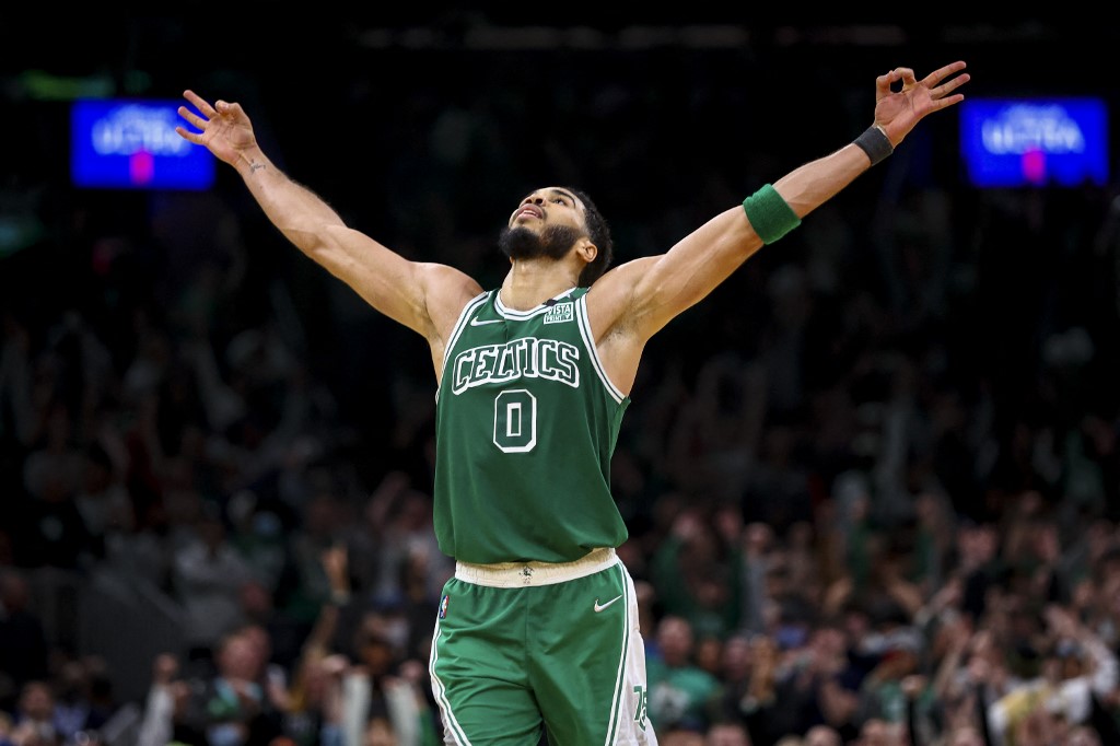 ayson Tatum #0 of the Boston Celtics reacts after a three-point shot during a game against the Brooklyn Nets at TD Garden on March 6, 2022 in Boston, Massachusetts.