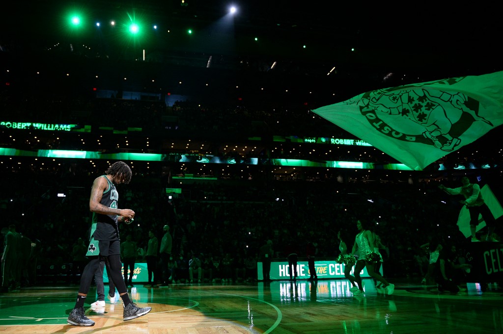Robert Williams III #44 of the Boston Celtics walks onto the court prior to the start of the game against the Minnesota Timberwolves at TD Garden on March 27, 2022 in Boston, Massachusetts. 