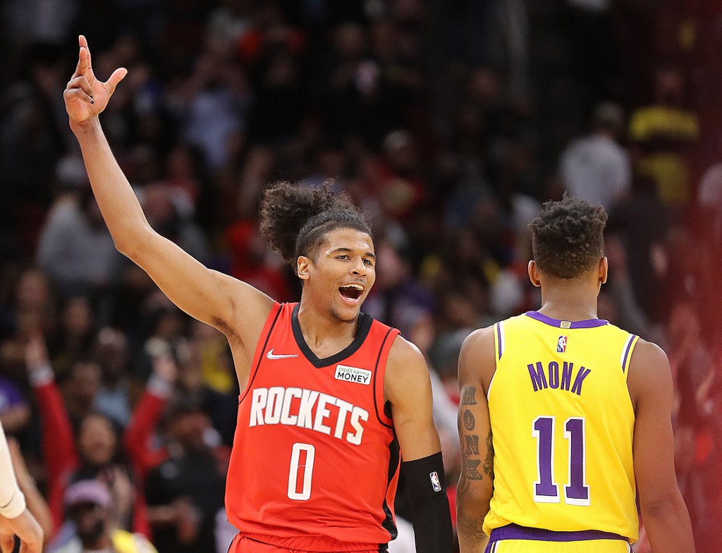 HOUSTON, TEXAS - MARCH 09: Jalen Green #0 of the Houston Rockets makes a three point basket in overtime against the Los Angeles Lakers at Toyota Center on March 09, 2022 in Houston, Texas.