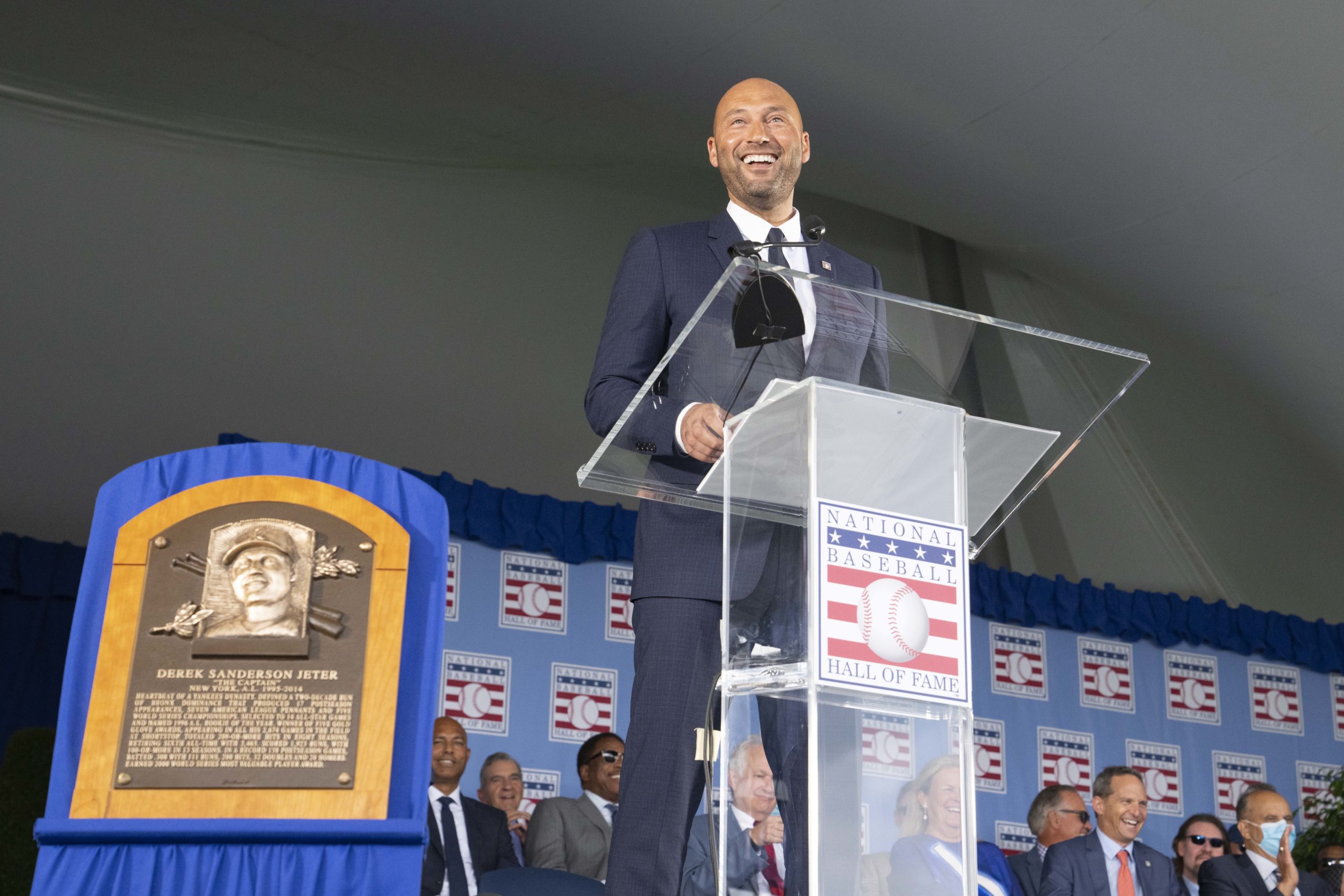 FILE PHOTO: Sep 8, 2021; Cooperstown, New York, USA; Hall of Famer Inductee Derek Jeter makes his acceptance speech during the 2021 National Baseball Hall of Fame induction ceremony at Clark Sports Center. 