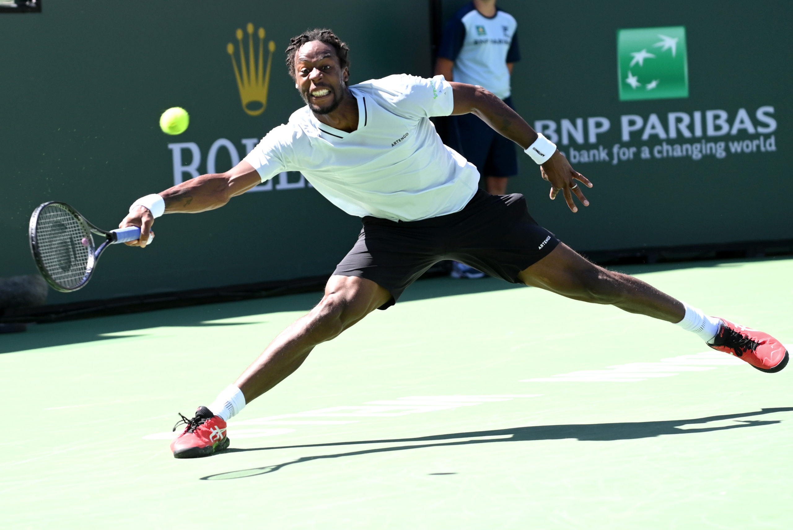 Mar 14, 2022; Indian Wells, CA, USA;  Gael Monfils (FRA) hits a shot as he defeated Daniil Medvedev (RUS) in his third round match during the BNP Paribas Open at the Indian Wells Tennis Garden.