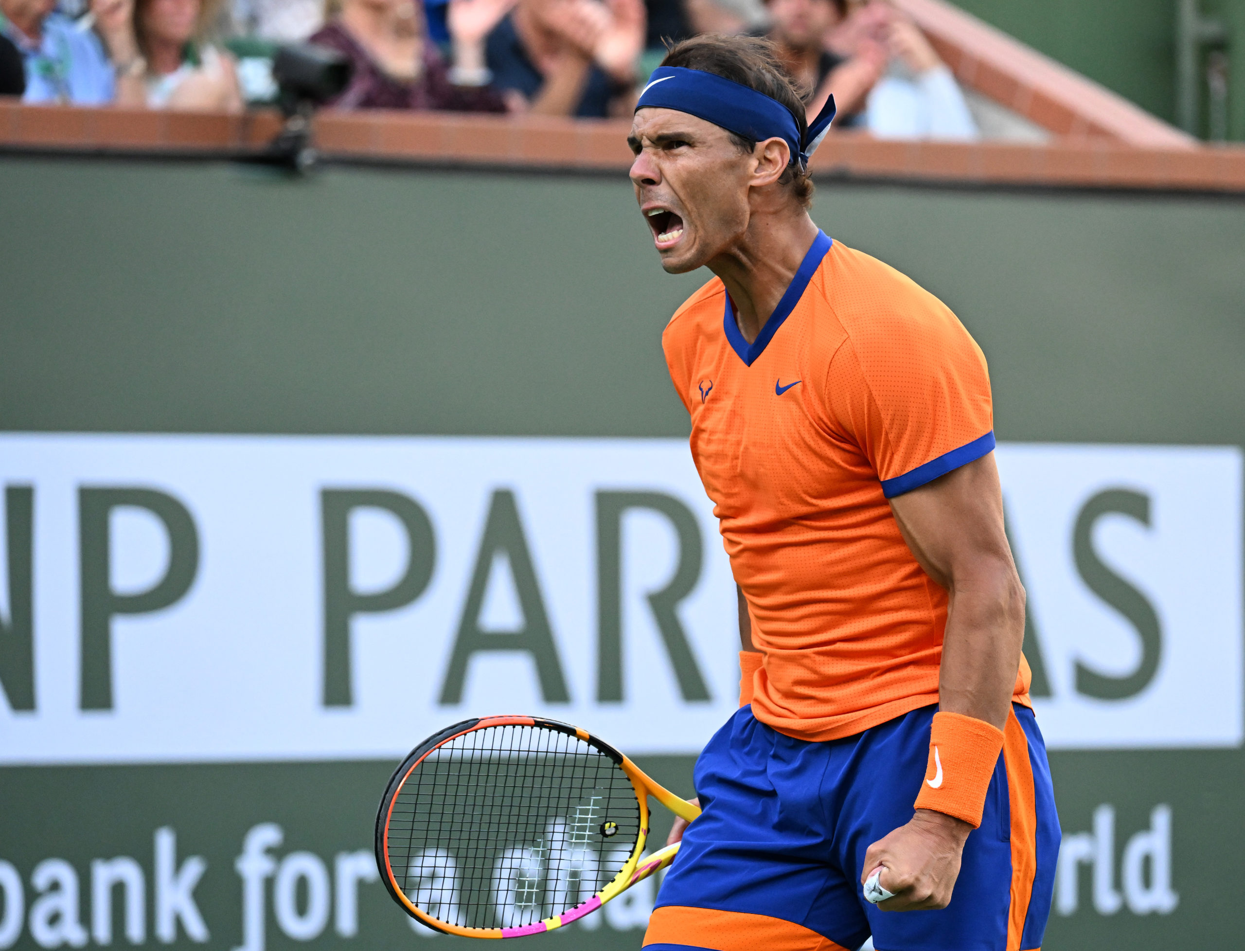Rafael Nadal (ESP) celebrates after winning a point in his quarterfinal match as he defeated Nick Kyrgios (AUS) at the BNP Paribas Open at the Indian Wells Tennis 