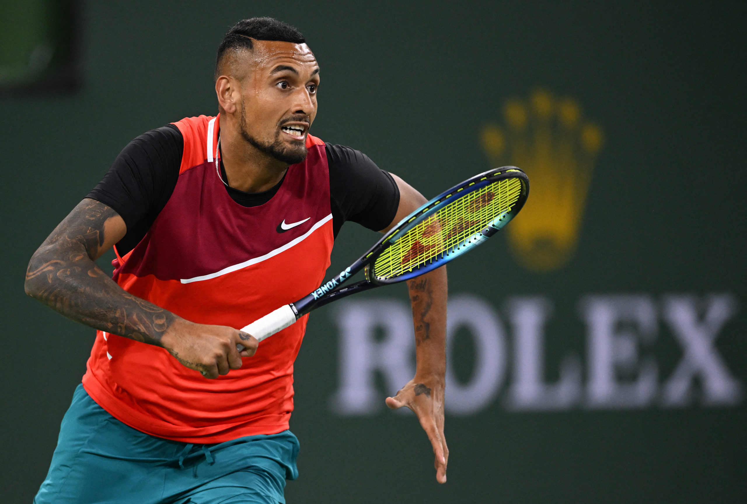  Nick Kyrgios (AUS) hits a shot in his first round match against Sebastian Baez (not pictured) on day 4 at the BNP Paribas Open at the Indian Wells Tennis Garden. 
