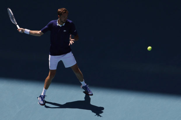 Daniil Medvedev hits a forehand against Andy Murray (GBR) (not pictured) in a second r