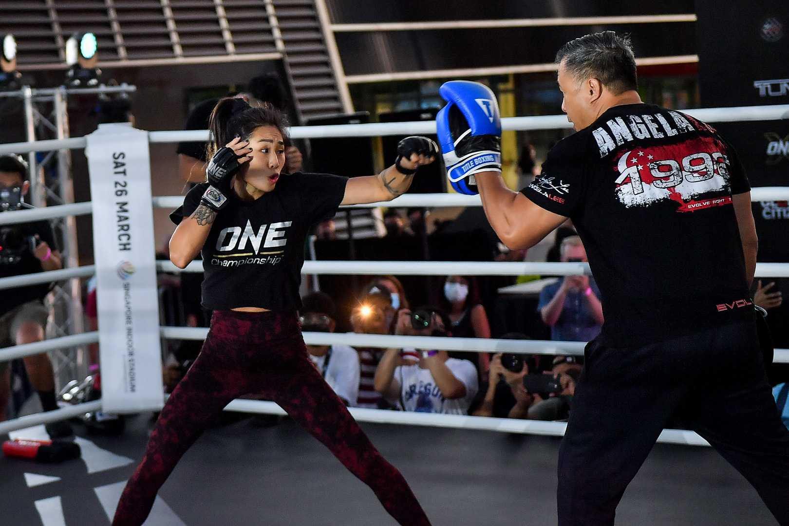 ONE atomweight champion Angela Lee during the open workouts on Thursday at OCBC Square.