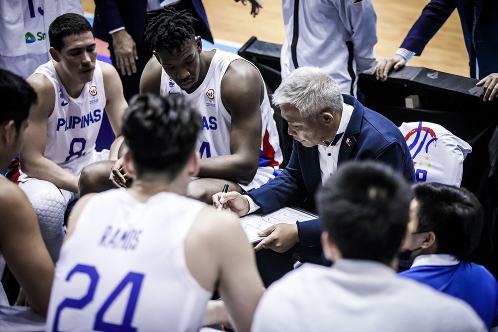Gilas Pilipinas coach Chot Reyes during a huddle in the 2023 Fiba World Cup Asian Qualifiers here.