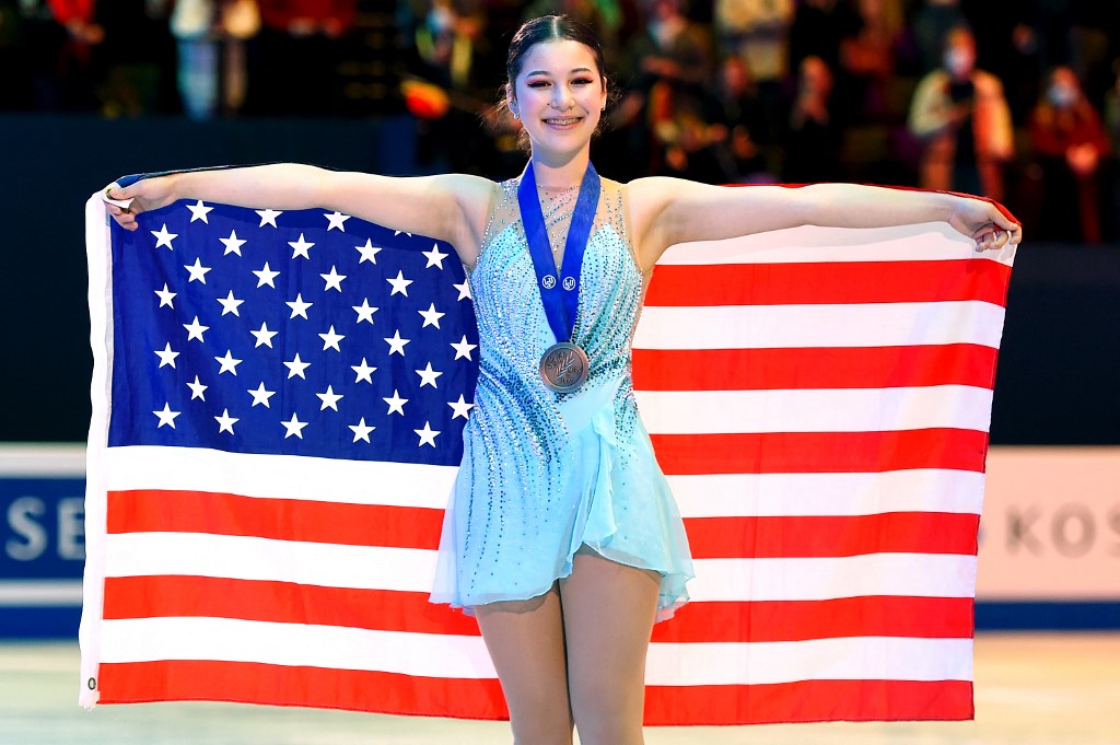 Bronze medallist US Alysa Liu celebrates during the medal ceremony after the women's free skating event at the ISU World Figure Skating Championships in Montpellier, southern France, on March 25, 2022.