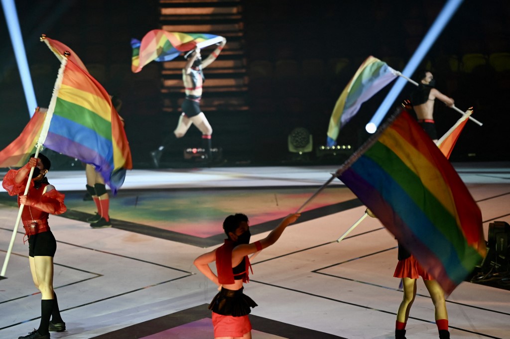 Dancers perform on a stage during the opening ceremony of the Asia Pride Games in Taipei on April 29, 2022. 
