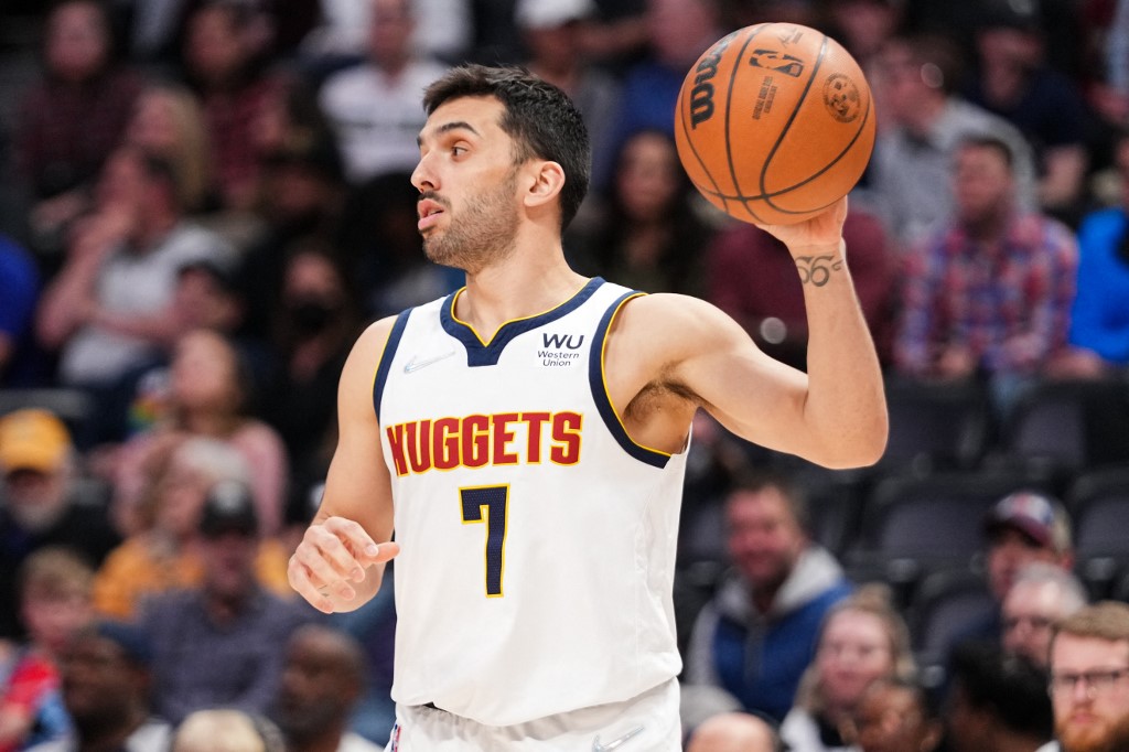  Facundo Campazzo #7 of the Denver Nuggets catches an inbound pass against the Memphis Grizzlies at Ball Arena on April 7, 2022 in Denver, Colorado.