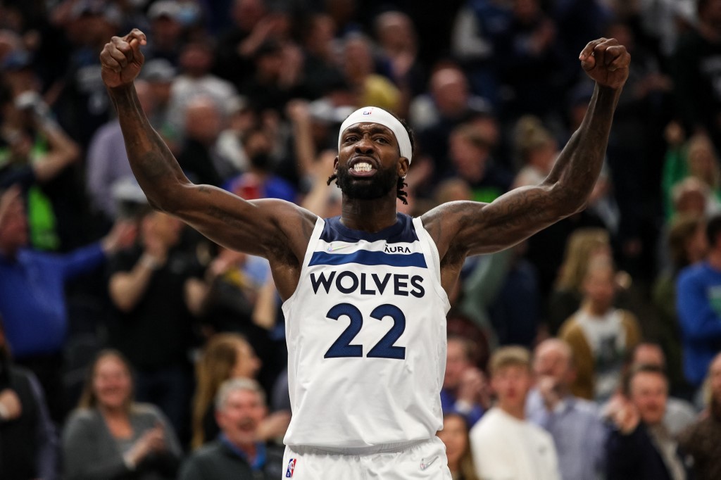  Patrick Beverley #22 of the Minnesota Timberwolves celebrates after a foul call against the Los Angeles Clippers in the fourth quarter during a Play-In Tournament game at Target Center on April 12, 2022 in Minneapolis, Minnesota. The 