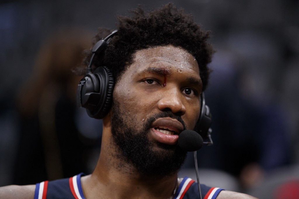 Joel Embiid #21 of the Philadelphia 76ers drips blood from his brow after a 132-97 win in Game Six of the Eastern Conference First Round against the Toronto Raptors at Scotiabank Arena on April 28, 2022 in Toronto, Canada. 