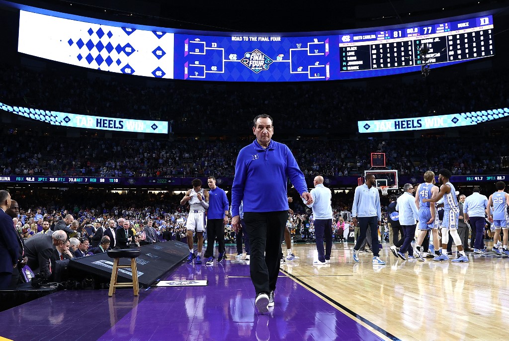 Head coach Mike Krzyzewski of the Duke Blue Devils walks off the court after losing to the North Carolina Tar Heels 81-77 in the 2022 NCAA Men's Basketball Tournament Final Four semifinal at Caesars Superdome on April 02, 2022 in New Orleans