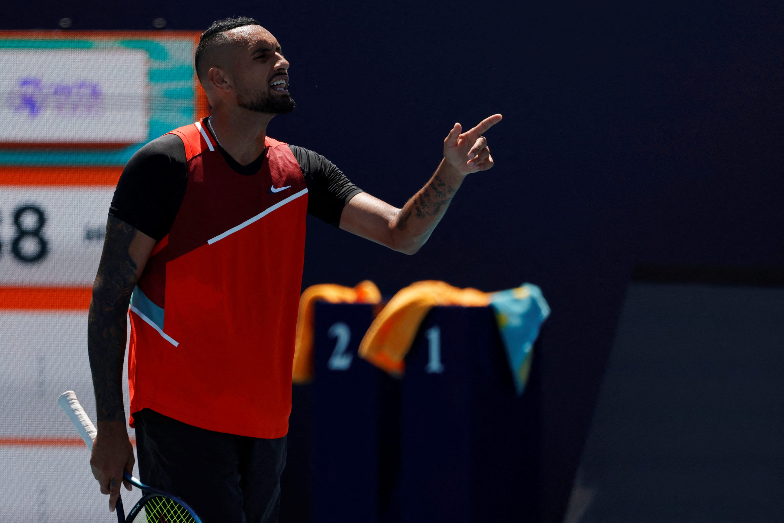  Nick Kyrgios (AUS) argues with chair umpire Carlos Bernardes (not pictured) after being assessed a point penalty during the first set tiebreaker against Jannik Sinner (ITA)(not pictured) in a fourth round men's singles match in the Miami Open at Hard Rock Stadium. 