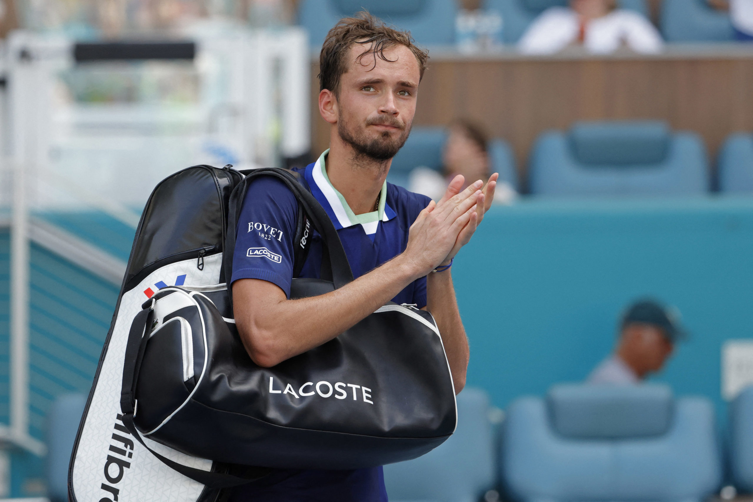 FILE PHOTO: Mar 31, 2022; Miami Gardens, FL, USA; Daniil Medvedev acknowledges the crowd while leaving the court after his match against Hubert Hurkacz (POL)(not pictured) in a men's singles quarterfinal in the Miami Open at Hard Rock Stadium.