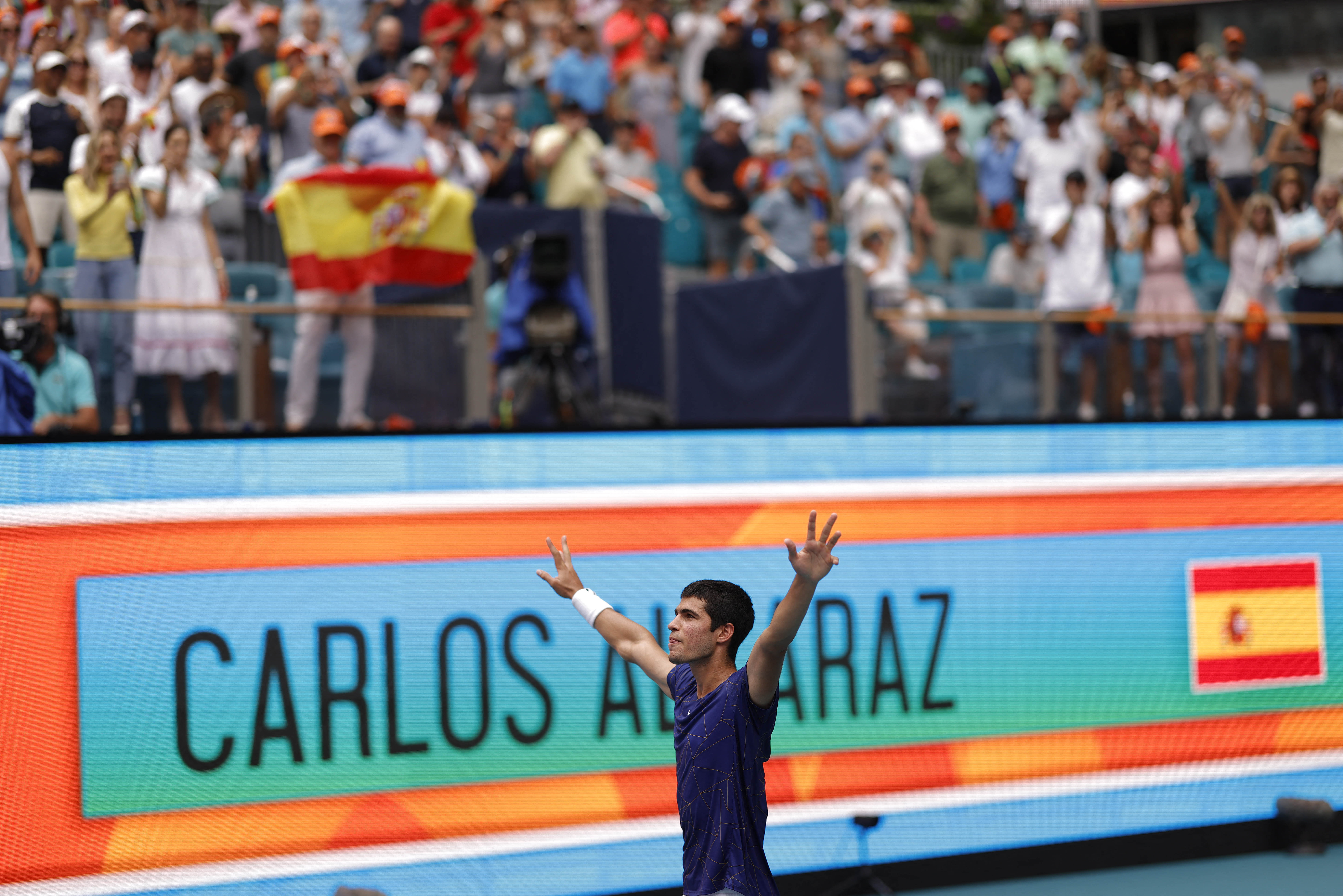 Apr 3, 2022; Miami Gardens, FL, USA; Carlos Alcaraz (ESP) salutes the crowd after his match against Casper Ruud (NOR)(not pictured) in the men's singles final in the Miami Open at Hard Rock Stadium. 