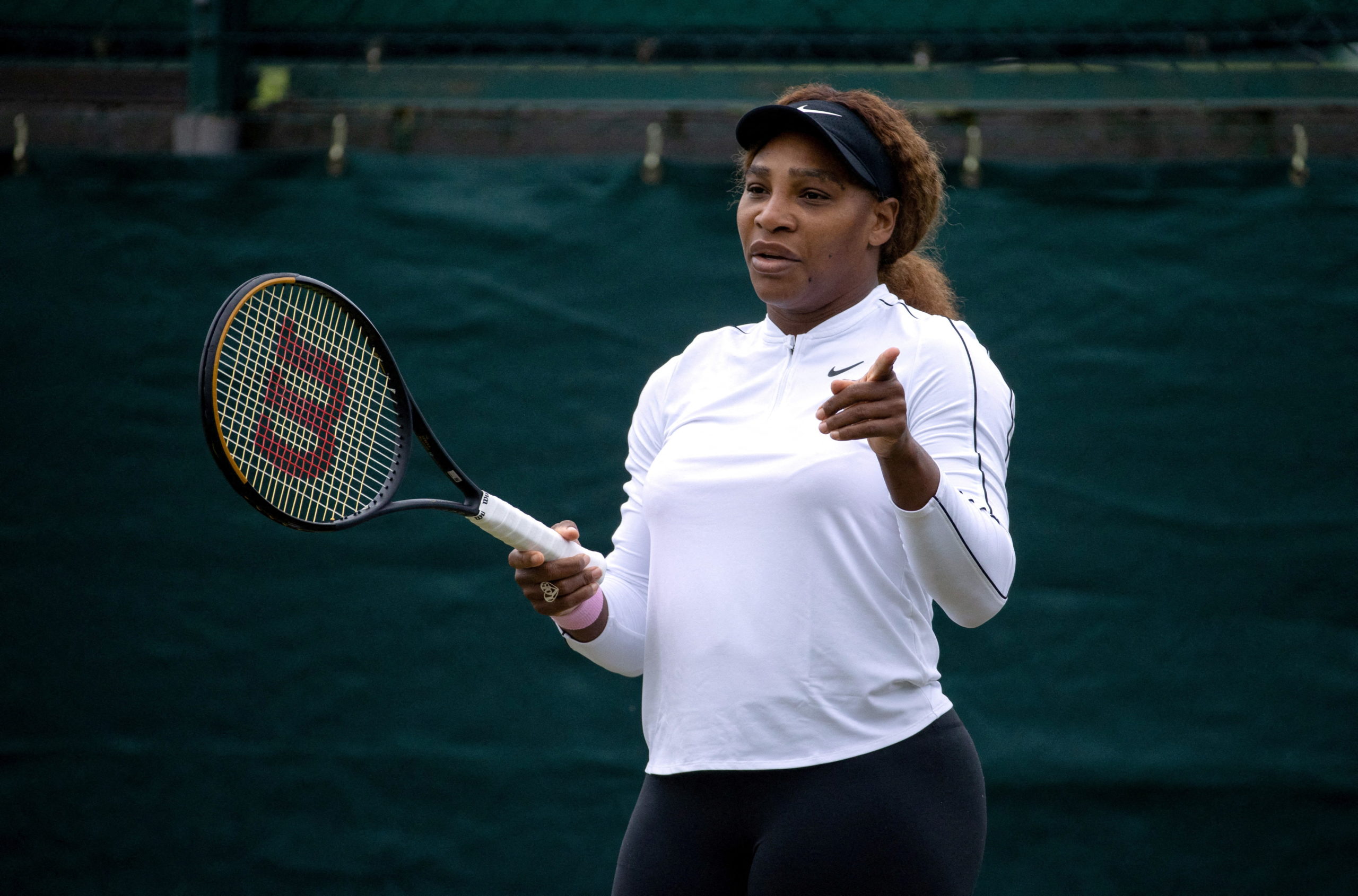 FILE PHOTO: Tennis - Wimbledon - All England Lawn Tennis and Croquet Club, London, Britain - June 28, 2021 Serena Williams of the U.S. during a practice session 