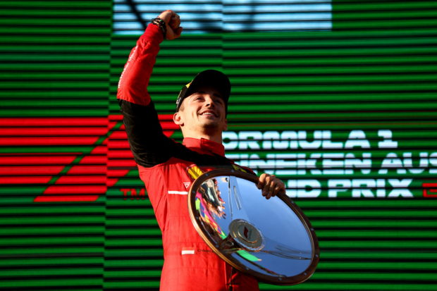 FILE PHOTO: Formula One F1 - Australian Grand Prix - Melbourne Grand Prix Circuit, Melbourne, Australia - April 10, 2022 Ferrari's Charles Leclerc celebrates on the podium after winning the race 