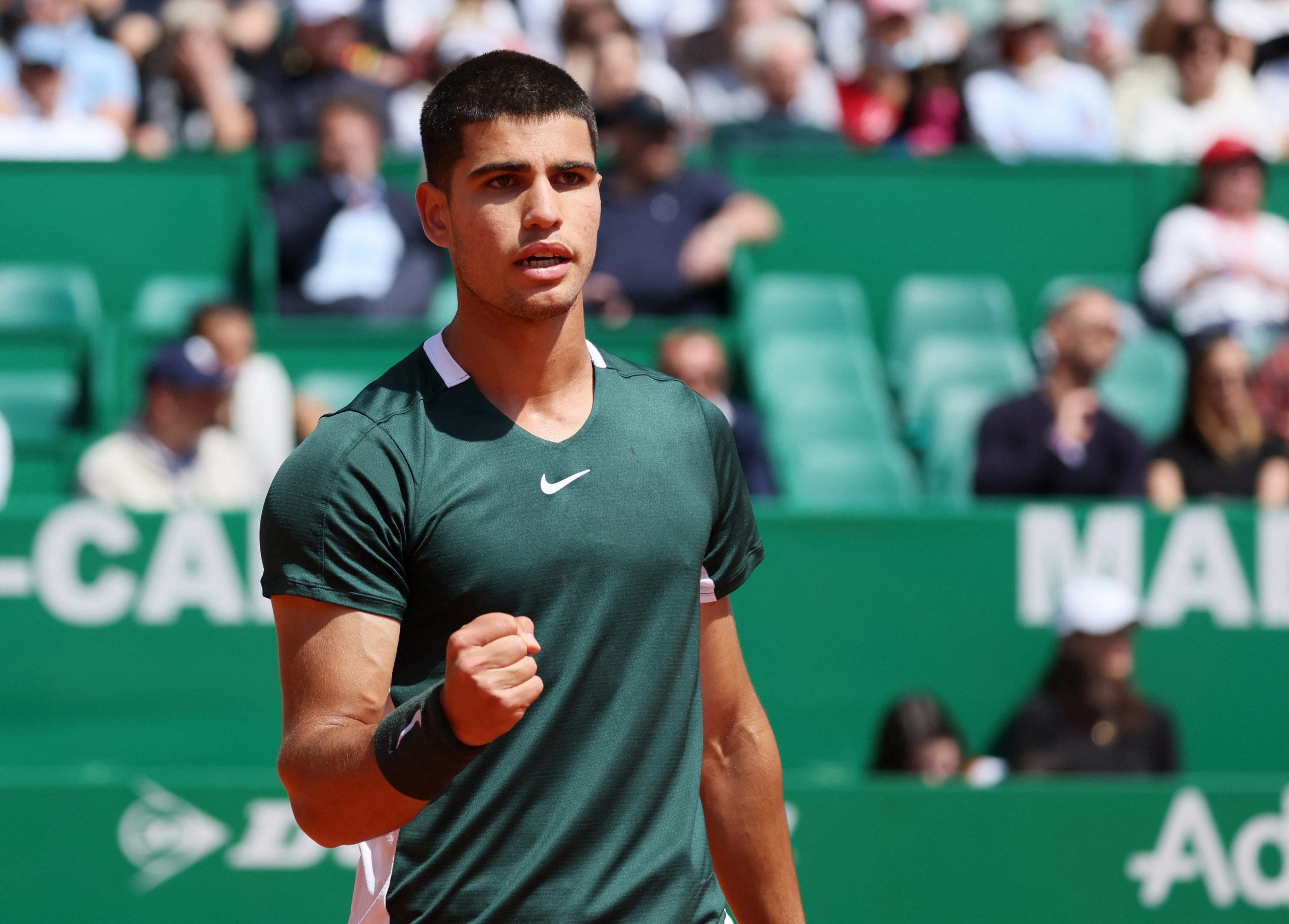 FILE PHOTO: Tennis - ATP Masters 1000 - Monte Carlo Masters - Monte-Carlo Country Club, Roquebrune-Cap-Martin, France - April 13, 2022 Spain's Carlos Alcaraz Garfia reacts during his second round match against Sebastian Korda of the U.S. 
