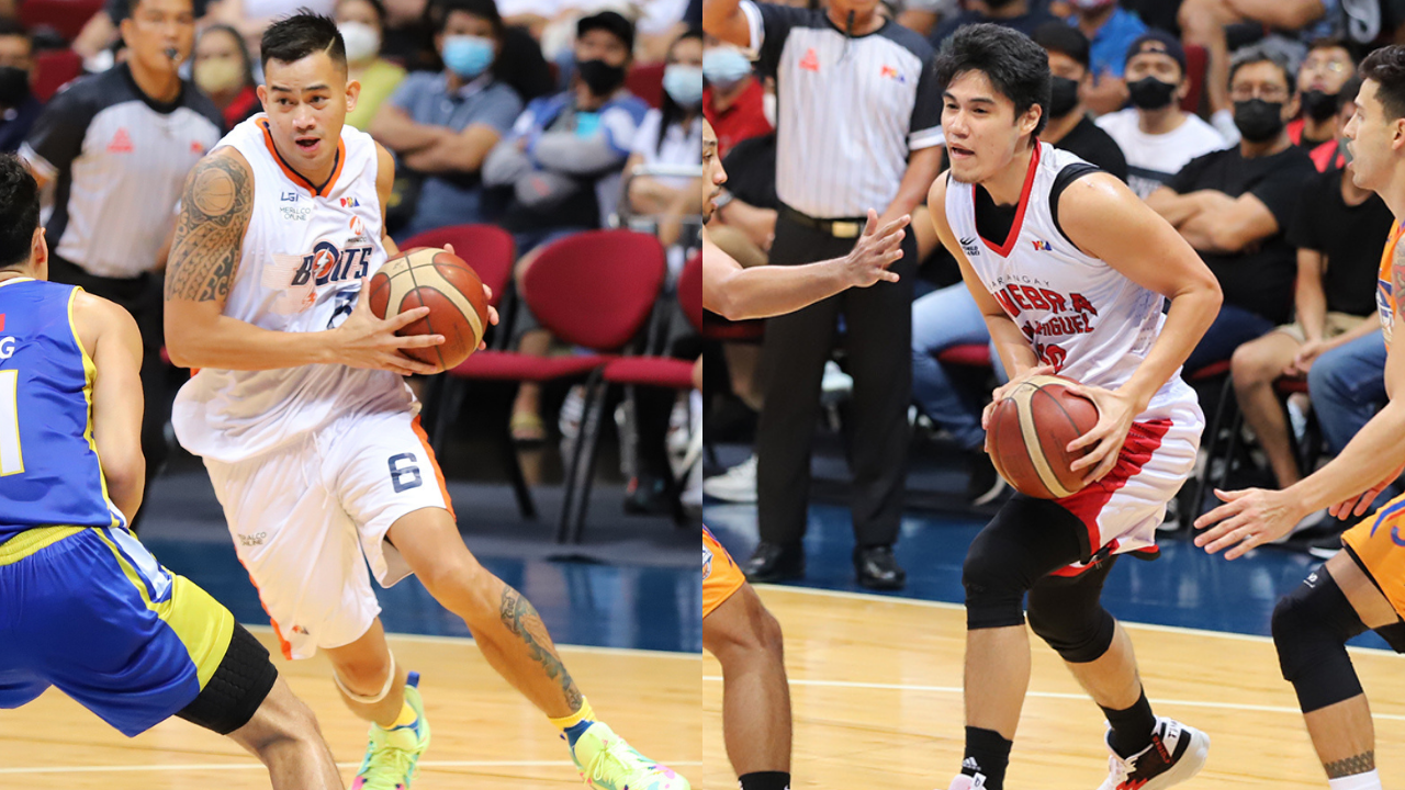FILES–Meralco's Raymar Jose and Ginebra's Arvin Tolentino. PBA IMAGES