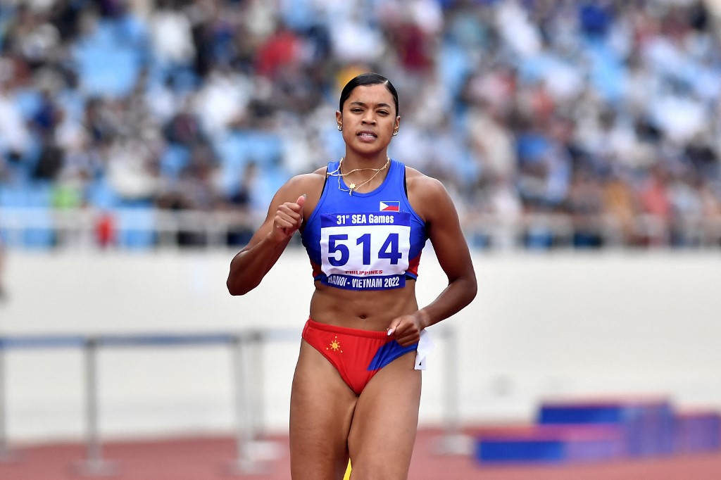 Philippines' Kayla Richardson looks on during a women's 100m heat at the 31st Southeast Asian Games (SEA Games) at My Dinh National Stadium in Hanoi on May 18, 2022. (Photo by Ye Aung Thu / AFP)