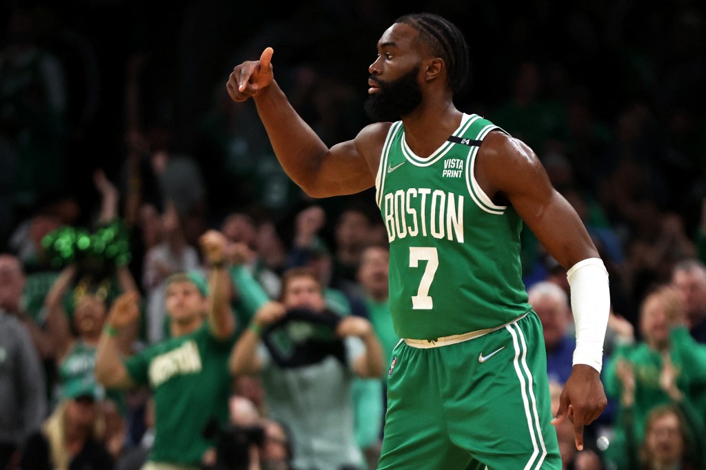 Jaylen Brown #7 of the Boston Celtics celebrates after scoring against the Milwaukee Bucks during the first quarter of Game Two of the Eastern Conference Semifinals at TD Garden on May 03, 2022 in Boston, Massachusetts. NOTE TO 