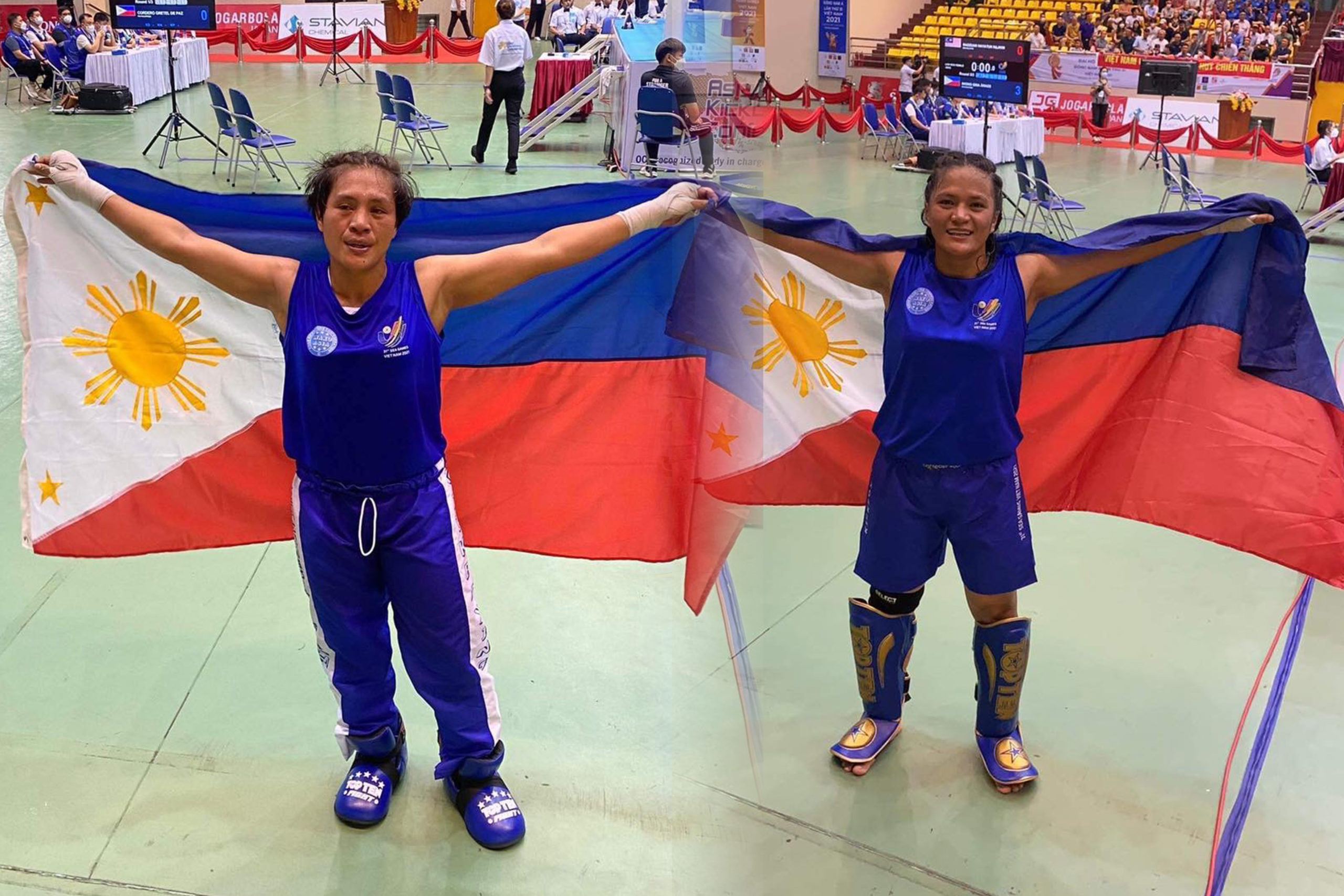 Filipino kickboxers Gina Iniong and Gretel de Paz. Samahang Kickboxing ng Pilipinas/TEAM LAKAY PHOTO