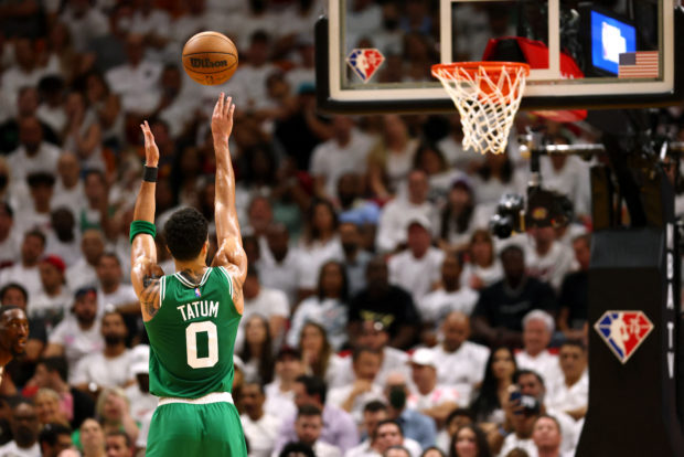 Jayson Tatum #0 of the Boston Celtics shoots a free throw during the second quarter against the Miami Heat in Game Two of the 2022 NBA Playoffs Eastern Conference Finals at FTX Arena on May 19, 2022 in Miami, Florida. NOTE TO USER: User expressly acknowledges and agrees that, by downloading and or using this photograph, User is consenting to the terms and conditions of the Getty Images License Agreement. Michael Reaves/Getty Images/AFP (Photo by Michael Reaves / GETTY IMAGES NORTH AMERICA / Getty Images via AFP)
