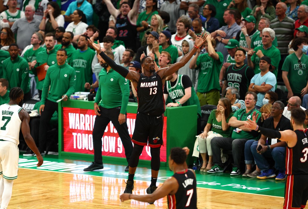 BOSTON, MASSACHUSETTS - MAY 21: Bam Adebayo #13 of the Miami Heat reacts after a basket in the fourth quarter against the Boston Celtics in Game Three of the 2022 NBA Playoffs Eastern Conference Finals at TD Garden on May 21, 2022 in Boston, Massachusetts. NOTE TO USER: User expressly acknowledges and agrees that, by downloading and/or using this photograph, User is consenting to the terms and conditions of the Getty Images License Agreement.   Elsa/Getty Images/AFP (Photo by ELSA / GETTY IMAGES NORTH AMERICA / Getty Images via AFP)